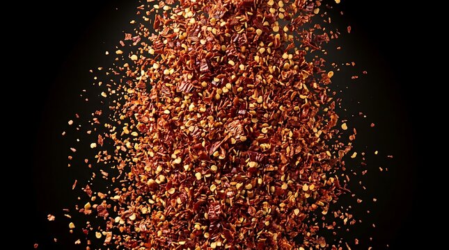 Explosion of red chili flakes on black background, spicy seasoning particles in motion.