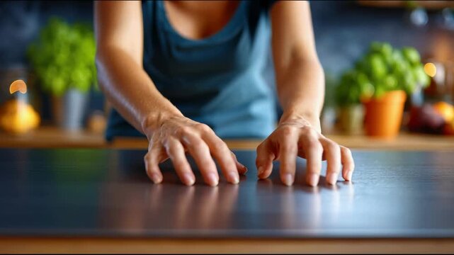 Hands of a person resting on a wooden table in a kitchen with plants in the background during the evening