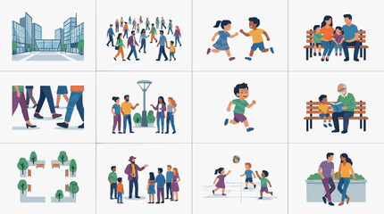 Fototapeta premium Elegant Colorful Illustrations of Diverse Community Activities in Urban and Park Settings with high quality professional line art symbols for modern creative design and digital branding projects