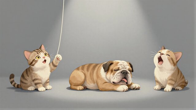 Two cats and a dog under spotlight, one playing with yarn.