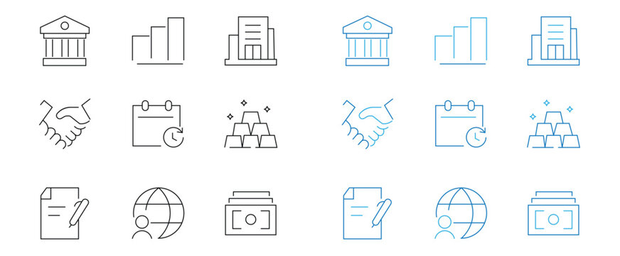 Icon set of bank building financial growth chart, handshake, calend gold bars, document, globe and cash. Business finance icons modern design on transparent background for your design.