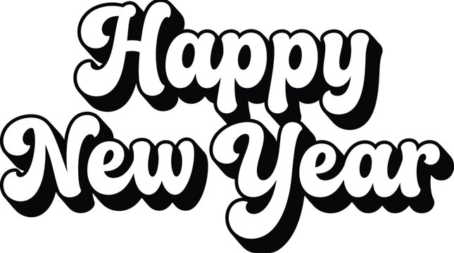 Retro Happy New Year typography, holiday lettering, black  vector design for greeting cards and party decor