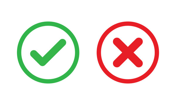 green checkmark and red cross on isolated white background vector symbol for right and wrong choices. Modern flat design, Checkmark icon set. Checkmark right symbol tick sign