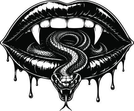 Edgy Vector Illustration of Vampire Mouth with Sharp Fangs and a Scaly Snake Emerging from Open Dripping Lips, Gothic Horror Tattoo Style Art for Streetwear and Graphic Designs.