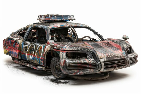 Burnt out futuristic police hovercar with graffiti isolated on white