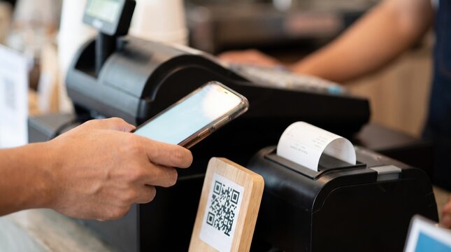 Customer paying with smartphone QR code at retail checkout counter
