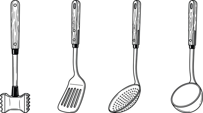  Kitchen cooking utensils, culinary tools, and food preparation equipment vector icon set featuring meat tenderizer mallet, slotted spatula turner, perforated skimmer spoon, and soup ladle with wooden