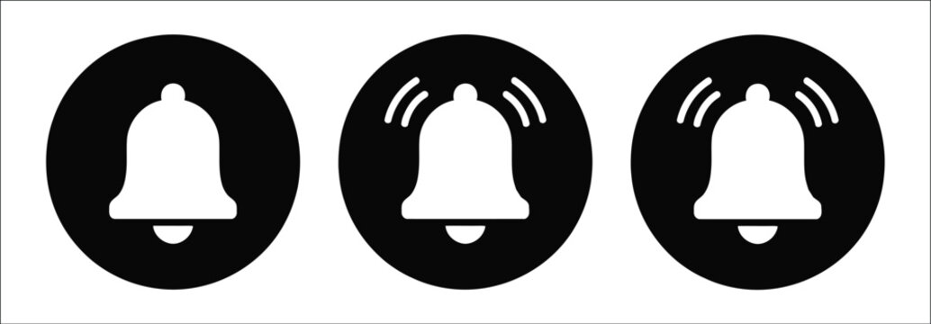 Ringing bell notification alert vector icon featuring vibration lines, an incoming message reminder, a push notification, an alarm signal, an attention symbol, and a digital communication.