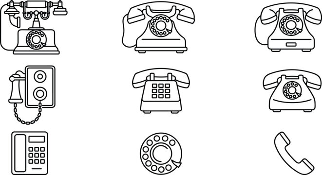  Vintage rotary telephones, classic landline communication devices, and telephone receiver line art vector icon set featuring antique hand-crank phone, and handset symbol.eps