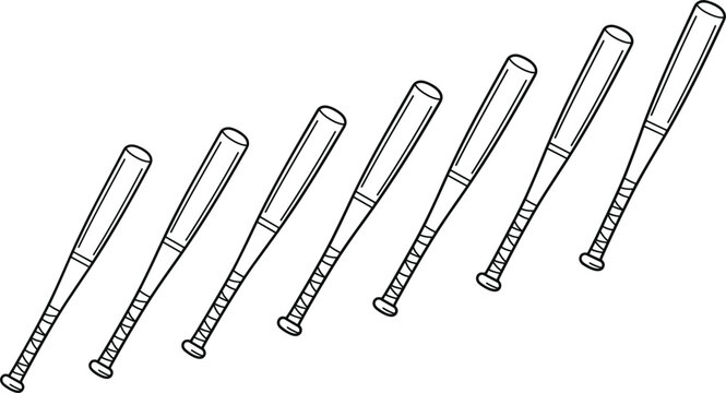  Baseball bats, softball equipment, and sports gear line art vector icon set featuring wooden and aluminum bats with wrapped grips arranged in perspective.eps