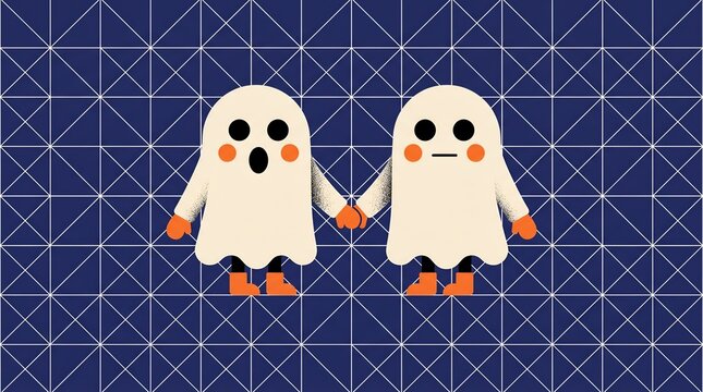 Two cute cartoon ghosts holding hands against a geometric dark blue background.