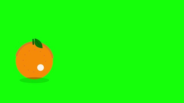 Flat vector illustration of a single whole orange fruit featuring a green leaf, small stem, and circular highlight, isolated on a solid lime green background with dark shadow.