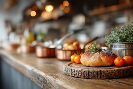 Dynamic culinary masterpieces in a bustling restaurant kitchen for food enthusiasts