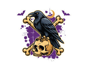 Naklejka premium Spooky Raven and Skull Gothic Horror Vector Illustration Isolated on White Background