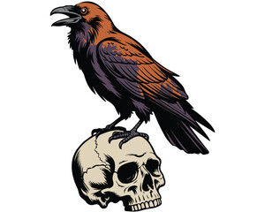 Naklejka premium Dark Raven Perched on Skull Halloween Gothic Vector Artwork Isolated on White Background