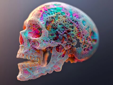 Mind's Complexity - Abstract Skull Art with Holographic Fractals