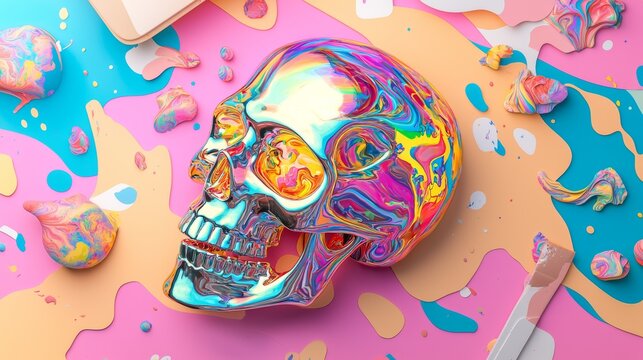 Vibrant Holographic Skull in Surreal Art Studio - Abstract Digital Illustration with Bold Colors and Swirling Patterns