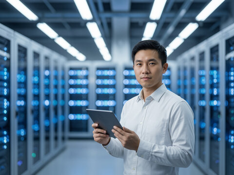 Cybersecurity Expert Using Tablet for Content Watermark Authentication