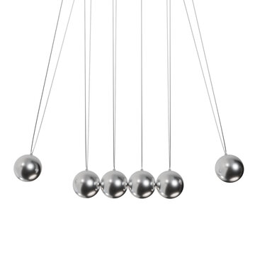 A 3D render of a classic Newton's cradle demonstrating cause, effect, and kinetic energy. This visual is highly suitable for corporate presentations, educational science materials