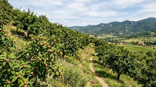 Scenic View of a Medlar Orchard on a Green Hillside with Mountains and Rural Village Background in Sunny Summer Day