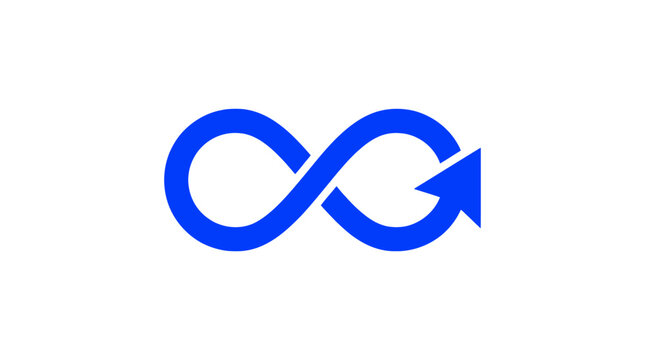 A bright blue infinity symbol with an arrow on a clean white background