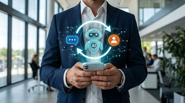 Businessman holding smartphone displaying AI chatbot interaction loop hologramBusinessman holding smartphone displaying AI chatbot interaction loop hologram