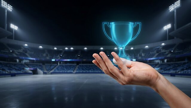 Trophy cup hologram sport victory concept for stadium presentation
