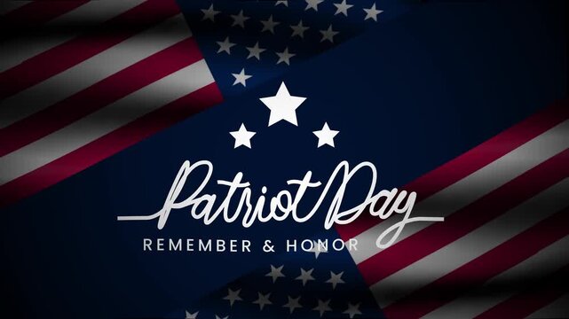 Patriot day text animation continuous line style with american flag background.  4k animated typography suitable for commemorating patriotic events or historical remembrances.