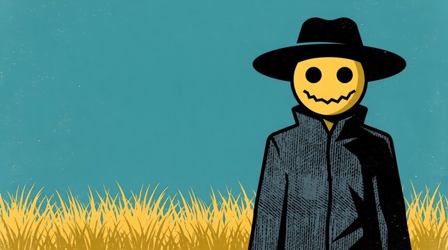 creepy smiley face character in dark coat and hat standing in a grassy field against blue sky.