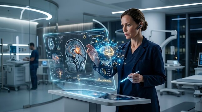 A professional female doctor examining a digital brain scan on a holographic interface in a modern hospital laboratory at night with advanced medical technology