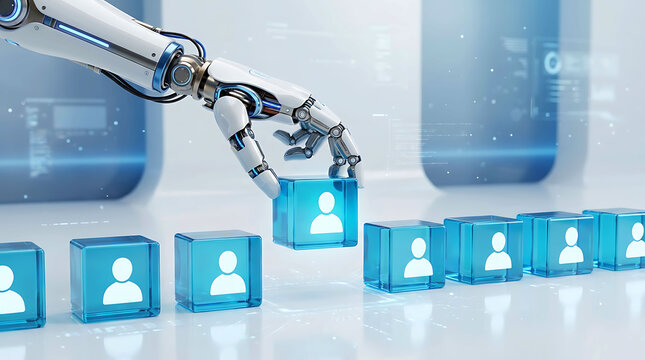 Robotic hand selecting blue user icon cube for AI recruitment and hiring process