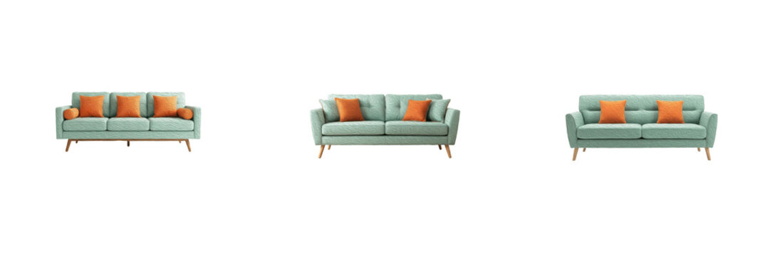 Set of modern light blue turquoise sofas with orange cushions mid century couch set living room furniture isolated on transparent background png design asset