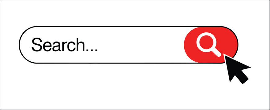Stylized digital search bar vector illustration featuring red circular button with white magnifying glass and black arrow cursor, representing online search, information retrieval and web interaction.