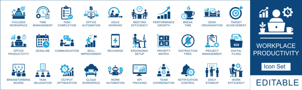 Workplace productivity and time management icon set. Featuring , office automation, project management, and task completion. Vector icons for productivity.