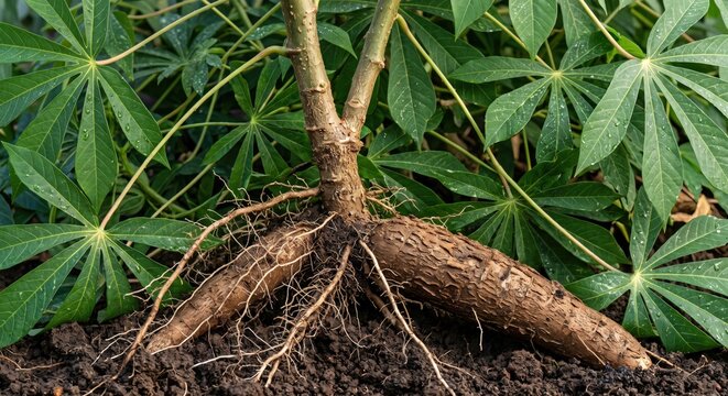 Cassava plant with exposed brown tuberous roots growing in dark soil, surrounded by lush green palmate leaves in an agricultural field setting