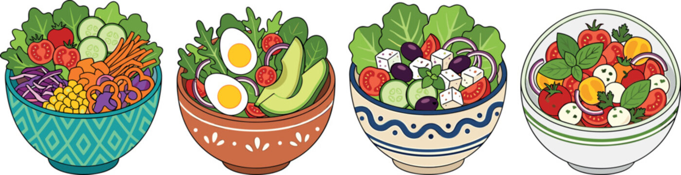 Healthy fresh salad bowl vector set with greek caprese avocado egg and green vegetable salads in ceramic bowls