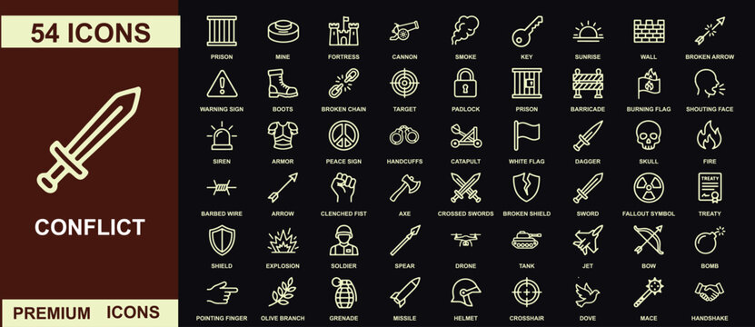 Collection of fifty four conflict themed line featuring military gear, and war symbols sword
