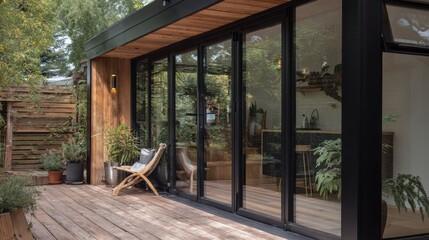 Fototapeta premium Garden Studio Modern wooden deck with glass sliding doors leading to a cozy indoor space surrounded by potted plants and natural light.