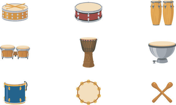 Set of different percussion instruments and drum vectors including bongo djembe snare and tambourine isolated on white background for music