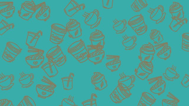 Brown outline icons of noodles, bowls, coffee cups on teal background pattern. Perfect for foodthemed designs, menus, and packaging.