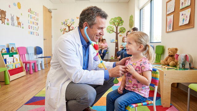 Pediatrician using toy stethoscope during checkup with little girl.