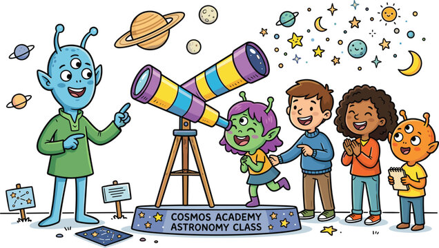 Cute alien teacher guiding human and monster students during astronomy class telescope session cartoon colorful flat vector illustration
