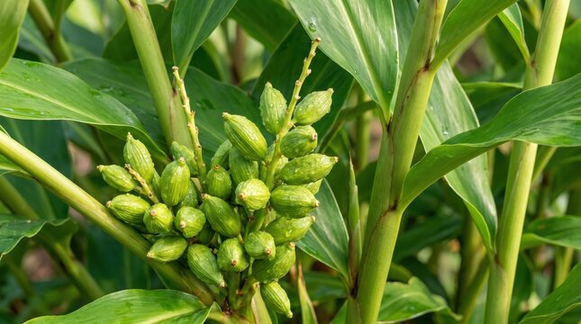 Close-up of a cluster of green cardamom pods growing on a leafy plant, featuring textured seed capsules attached to a central stem surrounded by vibrant, elongated foliage in a garden setting