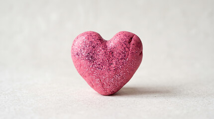 Fototapeta premium Handmade pink clay heart with glitter and a healing band-aid on a neutral textured background, symbolizing care and love