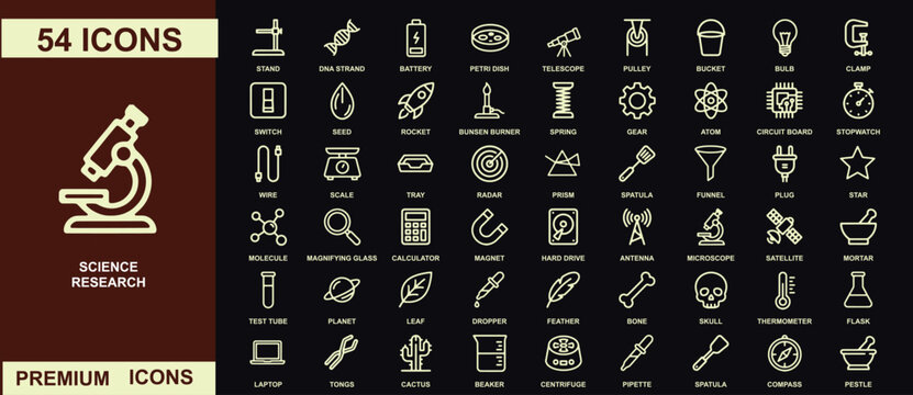 Fifty four science and research line featuring laboratory equipment, biology, and physics tools