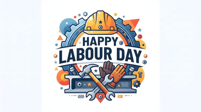 Happy labour day badge featuring construction helmet gears cross tools heavy industry graphic