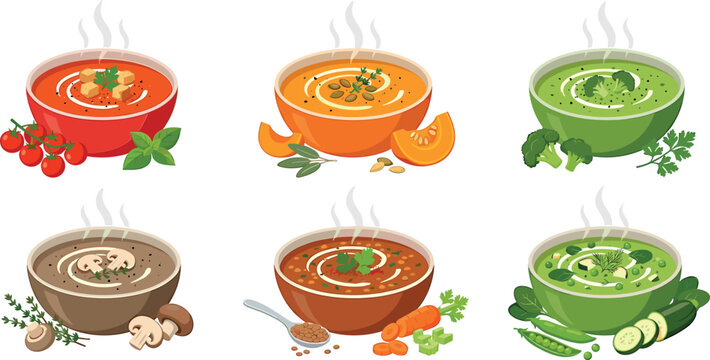 Hot cream soup bowl vector set with tomato pumpkin broccoli mushroom lentil and green vegetable creamy soups