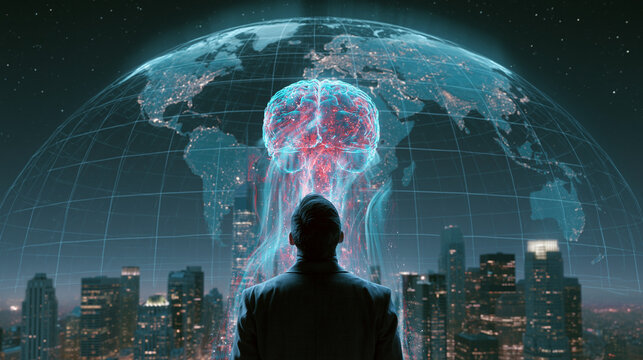 Future business leaders are gazing at a glowing digital hologram featuring an artificial intelligence brain network hovering over the city.