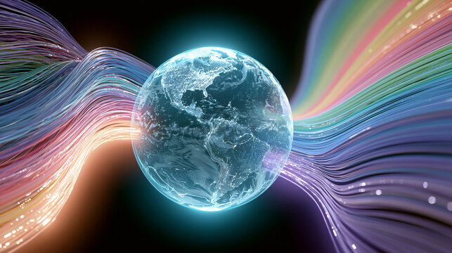 Glowing digital planet earth sphere centered in colorful rainbow fiber optic light waves dynamic global technology background.