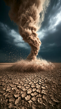 Massive sandstorm swept across the arid and cracked desert landscape under a dark, gloomy sky.